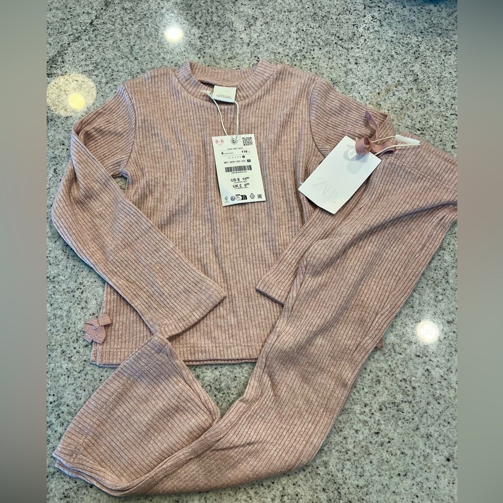 Zara Kids Ribbed Matching Set in Light Mauve Pink